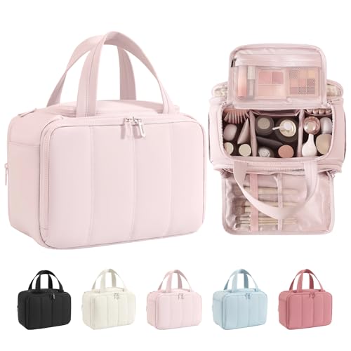 Cute Puffy Toiletry Bag for Women,Large Makeup Bag,Travel Cosmetic Bag with Adjustable Dividers & Trolley Sleeve,Toiletries Organizer,Light Pink - color: Pink