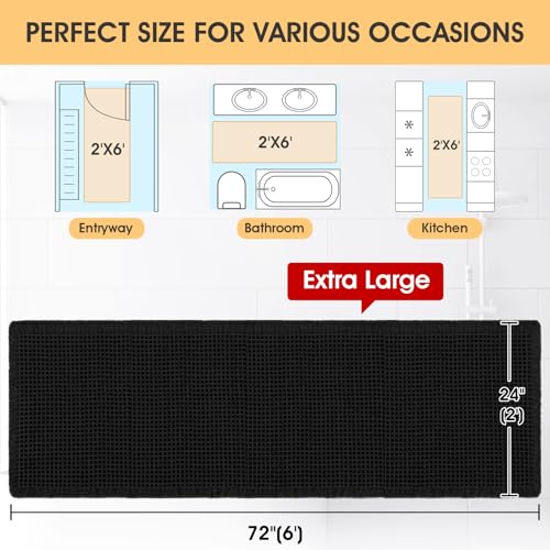 Extra Large Waffle Bath Mat Black 6'x2'(72" x 24"), Boho Woven Modern Bath Mat Rugs, Absorbent Non Slip Bathroom Rugs, Soft Washable Bath Rugs with Tassels for Bathroom, Bedroom, Kitchen, Shower, Tub - color: Black, size: 2' x 6' (Runner)