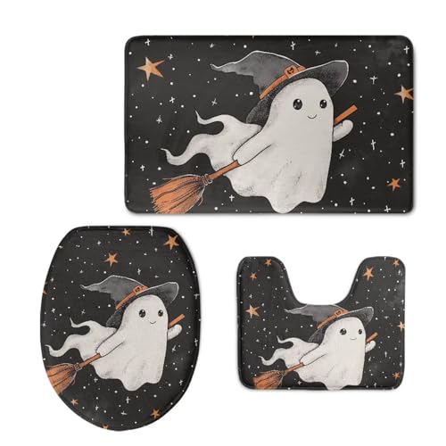 Cute Ghost Soft Bathroom Carpet 3 Piece Bathroom Rugs and Mats Sets Non-Slip Mat Set Toilet Mat Set Bath Mats Set 3 Piece Set,with U-Shaped Toilet Floor Mat Toilet Lid Cover Mat - color: Cute Ghost1