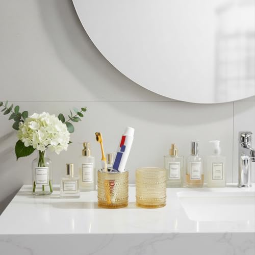 Amber Toothbrush Holders for Bathrooms, Glass Toothbrush Holder with 2 Slot Divider, 10oz Bathroom Tumbler and Mouthwash Cup, Tooth Brush Holder for Brushes, Toothpaste - color: Amber