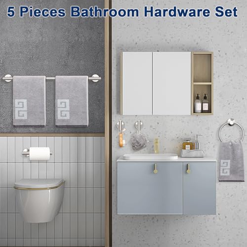NearMoon 5 Pieces Bathroom Hardware Set SUS304 Thicken Stainless Steel-Towel Rack Kit Include 24" Towel Rod +Bath Towel Ring +Toilet Paper Holder +2 Robe Towel Hooks Bath Accessories (Nickel) - color: Brushed Nickel