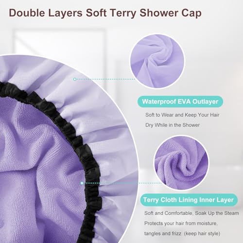 Sheomern 2 Pcs 15" XL Extra Large Terry Lined Shower Cap, Adjustable Dual Waterproof Shower Cap for Women Reusable Soft Hair Cap Bath Cap for Long Braids, Thick Hair, Locs, Curly Hair - color: Purple+Green, size: X-Large