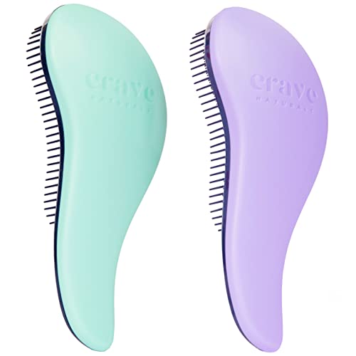 Crave Naturals Glide Thru Detangling Brush for Adults and Kids - Detangler Brush for Curly or Straight, Wet or Dry Hair - Gentle on Tangles Hair Comb - 7.5x3-Inch, Turquoise and Purple (Pack of 2) - color: Turquoise & Purple, size: 2 Pack (Regular)
