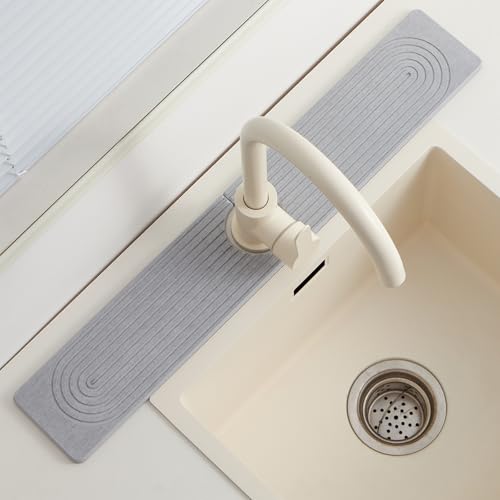 Fast Drying Stone Faucet Mat for Kitchen Sink with Raised Feet | Diatomaceous Earth Sink Mat , Quick Dry Water Absorbing Stone Tray, Faucet Splash Guard for Kitchen Sink, (Grey 23.6" x 3.9") - color: Gray.23.6" x 3.9"