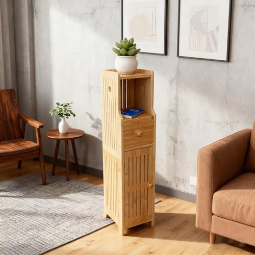 Bamboo Free Standing Toilet Paper Holder with Storage Drawer & Shelf, Slim Narrow Cabinet for Small Bathroom, Wipes Storage(Natural)