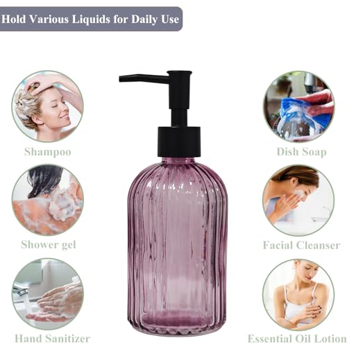 Black Pump Glass Soap Dispenser, 13.5oz Purple Stripe Countertop Refillable Liquid Bottle Hand Dish Lotion Dispenser with Plastic Pump, for Kitchen, Bathroom Countertop - color: Purple