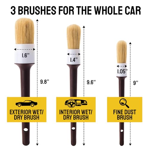 Car Detailing Brush Set 3-Pack, Interior and Exterior, Detail Dudes | Scratch-Free Boars Hair - Exterior & Interior Cleaning Brushes - Safe for Leather, Piano Black Trim, Dashboards & Wheels - size: 3 Pack(Starter)