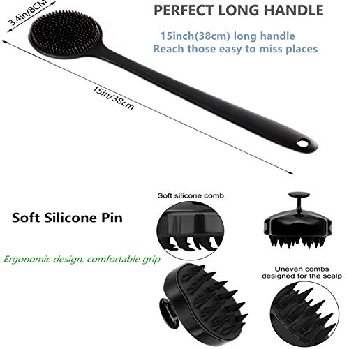 Silicone Body Scrubber & Scalp Massager, Long Handle Shower Brush, Exfoliating Scrubber for Men, Women & Kids - color: Black