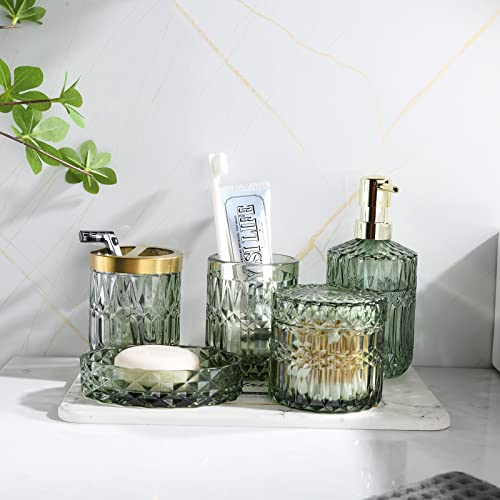 LaMarriti Green Bathroom Accessories Set, 6 Pcs Clear Glass Bathroom Set, Soap Dispenser, Soap Dish, Toothbrush Holder, Tumbler, Q-Tips Holder for Vintage Crystal Bathroom Decor, Gift Set - style: Green