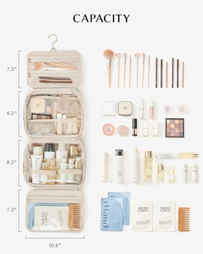 EACHY Toiletry Bag with Hanging Hook, Travel Makeup Bag PU Leather Cosmetic Bags for Women Make Up Organizer with 4 Compartments Waterproof Full-Size Portable Travel Essentials (White，Pro) - color: B-Pro-White
