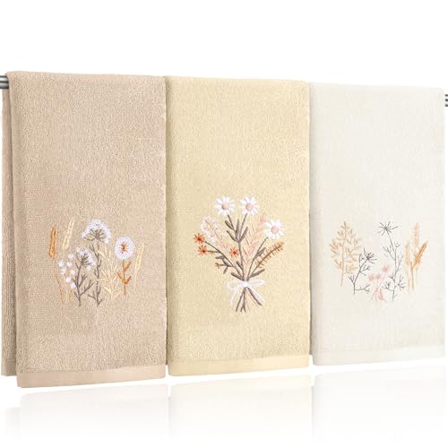 Tingjoo 3 Pcs Neutral Boho Flowers Hand Towels Farmhouse Floral Taupe Pale Orange Wildflowers Bath Towels Washable Soft 14x29 Inch Embroidered Boho Cotton Decorative Decor for Bathroom Kitchen - color: Taupe Pale Orange Beige, style: Bohemian