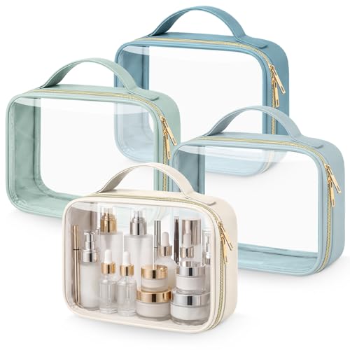 Abbylike 4 Pcs Clear Makeup Bags with Handles Tsa Approved Toiletry Bag with Zipper PU Leather Quart Size Clear Cosmetic Pouch for Travel Women Men Airport Compliant Bags(Blue Tonal Combinations) - color: Blue Tonal Combinations