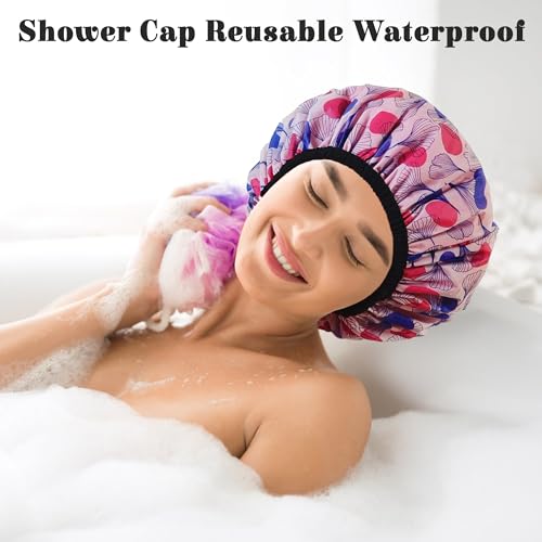 Shower Cap for Women, Shower Caps Reusable Waterproof, Large Plastic Satin Lined Shower Cap for Braids Long Hair - color: Morning glory
