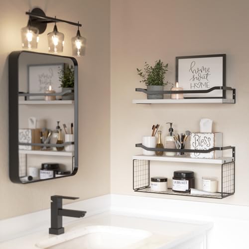 WOPITUES Floating Shelves with Wire Storage Basket, Bathroom Shelves Over Toilet with Protective Metal Guardrail, Wood Wall Shelves for Bathroom Organizers and Storage, Toilet Paper-White - color: White