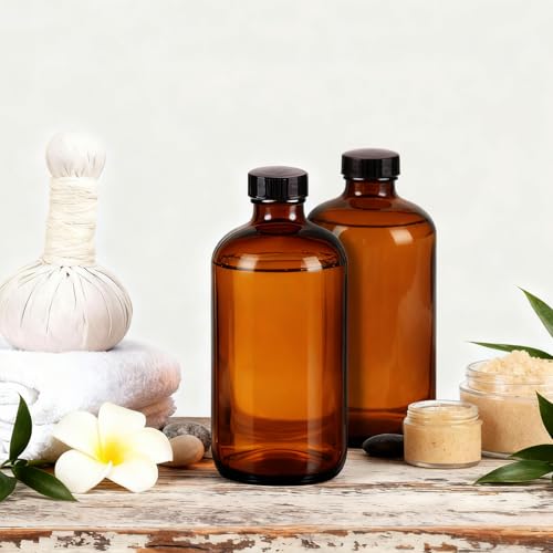 3 Pack,16 OZ Amber Glass Bottles Boston Round Sample Refillable Bottles with Black Caps, Perfect Glass Containers for kombucha, Secondary Fermentation,Storing condiment,Homemade Essential Oils - color: Amber