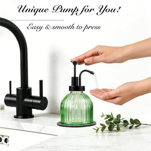 SheeChung 8 Oz Glass Soap Dispenser Bathroom, Green Liquid Hand Soap Dispenser with Pump, Refillable Dish Soap Dispenser for Kitchen, Cute Modern Stripes Lotion Bottle, Shampoo (Black Pump, 1 Pack) - color: Green-black Pump, 1 Pack