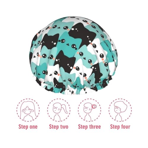 Cat Pattern Shower Cap For Women Reusable Waterproof Double Layers Bath Cap Hair Protection Elastic Ladies Spa Salon Shower Hat - color: Cat Pattern