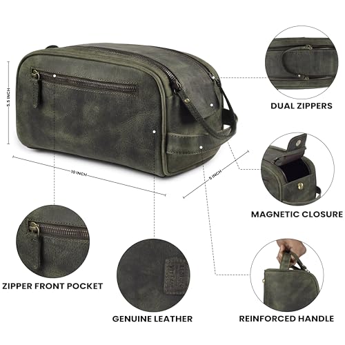 LEATHER VILLAGE Genuine Leather Toiletry Travel Pouch With Waterproof Lining - Olive | King-Size Handcrafted Vintage Dopp Kit Bag, Shaving & Bathroom Organizer, Gift for Men & Women - color: Olive