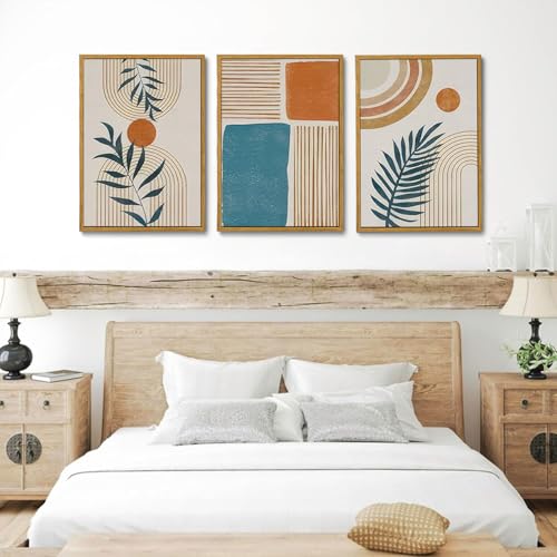 Bwodke Boho Wall Art, Framed Abstract Wall Art, Botanical Neutral Canvas Wall Decor, Large Mid Century Plant Pictures Set of 3, Modern Minimalist Paintings for Bedroom Living Room Bathroom - color: Boho Blue, size: 16"x24"Natural