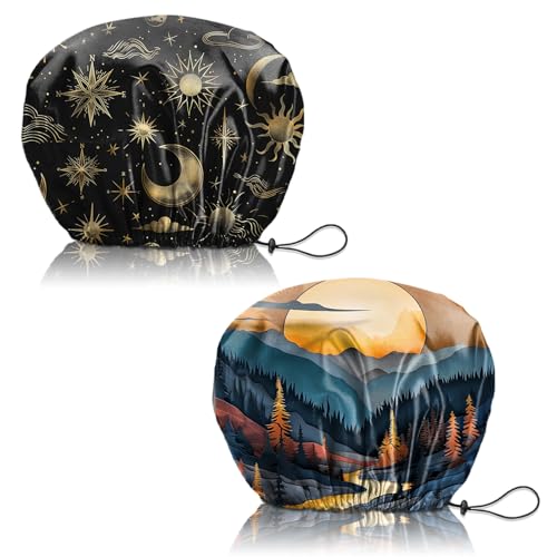 2 PCS Shower Cap Reusable Waterproof Adjustable Double Layer Elastic Dry Hair Bathing Caps Aesthetic Cute for Women Girls-Sun Moon Sunset - color: H-11-Sun Moon Sunset