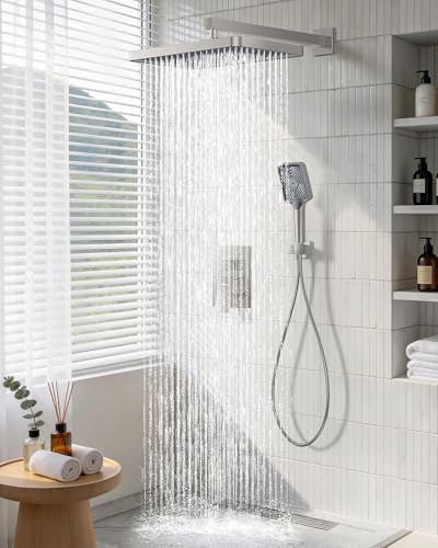 Shower System 13-Inch Rainfall Shower Head - 3 Setting Handheld Sprayer, Complete Bathroom Set with Faucet Mixer Trim Kit & Valve Brushed Nickel - color: Brushed Nickel, size: 13''