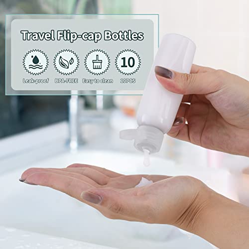 Tekson Travel Bottles Empty 2oz (10 PCS), Plastic Travel Size Cosmetic Container, TSA Amber Squeeze Bottle for Shampoo, Conditioner (Flip Cap) - color: white