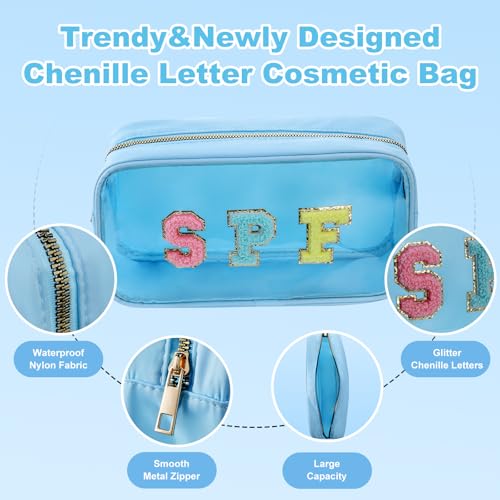 SPF Cosmetic Bag - Women’s Clear Beach Makeup Organizer with Chenille Letters, PVC Waterproof Toiletry Pouch for Sunscreen, Pool, Travel & Swimming - style: Blue-spf