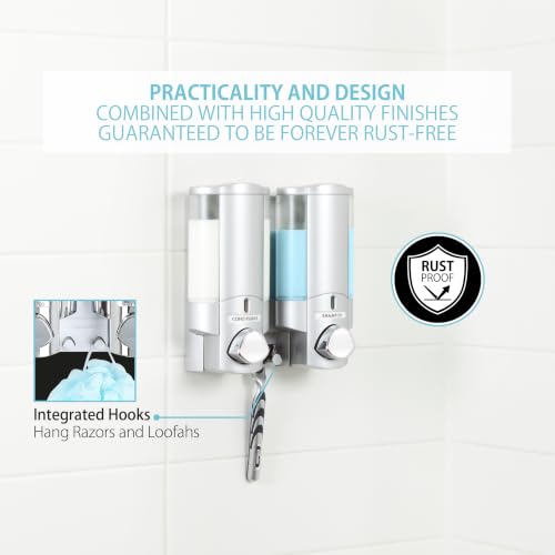Better Living Aviva Wall Mount Shower Dispenser, 2 x 11oz, Satin Silver | 2 Chamber, Shampoo, Conditioner, Body Wash and Soap Dispenser, Built-in Hooks, No Drill, Waterproof Shampoo Soap Dispenser - color: Satin Silver, size: 2-Chamber