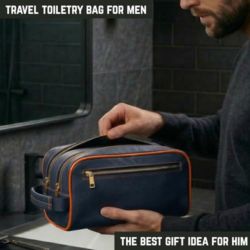 Mens Toiletry Bag, Premium PU Leather Travel Kit, Metal Zippers & Bottom Studs, Velvet Dust Bag & Shape-Retention Packaging – Gift Ready For Groomsmen, Anniversary, Birthday Gifts/ NAVY/ORANGE - color: NAVY BLUE/ORANGE