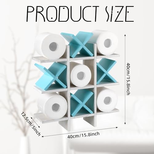 Weysat Tic Tac Toe Toilet Paper Holder Stand Bathroom Wall Decor Rustic Wooden Hanging Storage Freestanding Wall Mounted Shelves Decor for Toilet Tissue Farmhouse - color: White, Light Blue