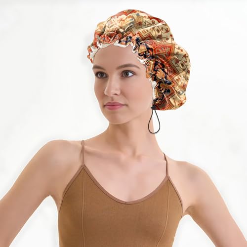 Luxury Shower Cap Satin Lined Reusable Waterproof Double Layer Elastic Adjustable Hair Bath Cap Cute Aesthetic Women Girls-Boho 2 - color: F20-Boho 2