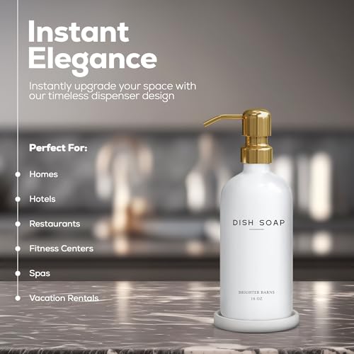Luxury Glass Dish Soap Dispenser for Kitchen Sink by Brighter Barns - Modern Kitchen Soap Dispenser Set - Refillable Glass Pump Bottle and Tray - White and Gold Home Decor and Accessories, Gift (Gold) - color: Gold D