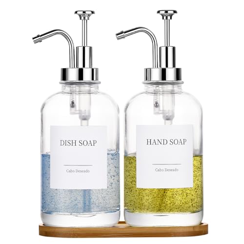 Glass Soap Dispenser with Pump, Dish and Hand Soap Dispenser for Kitchen Bathroom Set, Clear Glass Dispenser Set of 2 Pack with 18 Stickers Funnel Bamboo Tray 500ml 18oz / Each Bottle Sliver Pump - color: Glass+sliver Pump