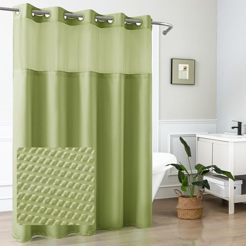 Mrs Awesome No Hook Shower Curtain with Snap-in Liner, Embossed Waffle Design Fabric Shower Curtain for Bathroom, Soft & Lightweight, 71x74, Sage Green - color: Sage Green, size: 71"W x 74"L (Pack of 1)