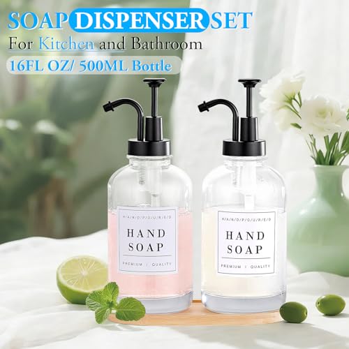Glass Soap Dispenser with Pump,Tray,Funnel, Countertop Soap and Lotion Dispenser Set of 2, Dish and Hand Soap Dispenser Bottle for Kitchen,Bathroom,Shower, with 60 Stickers, 500ml/16.9oz - color: Blk-5010-2b