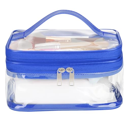 HAOGUAGUA Double Layer Clear Cosmetic Bag Makeup Bag, Waterproof Travel Toiletry Bag, Transparent PVC Pouch Organizer (Blue) - color: Blue