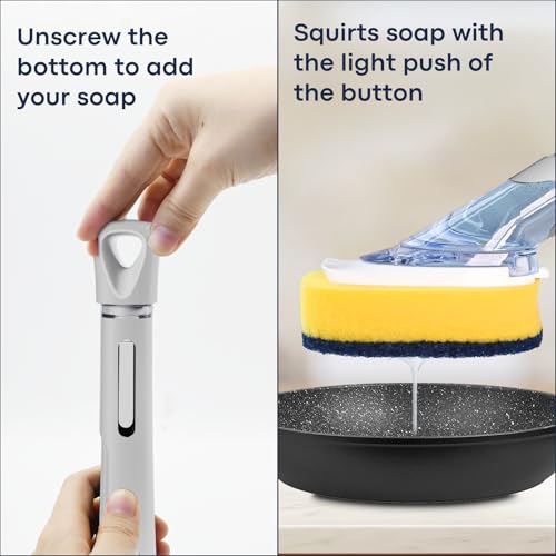 Dish Brush with Soap Dispenser Storage Set with 2 PCS Sponge Refills & Holder, Soap Dispensing Dish Brushes, Sponge with Soap Dispenser Handle, Dish Sponges with Handle for Dishes Pans Pots Sink(Gray) - color: Gray