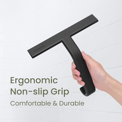 dancemoon JustHang Shower Squeegee for Glass Doors, All-One-Piece Award-Winning Silicone Squeegee with Built-in Hook for Bathroom, Window, Mirror, Tile Wall,Car, Streak-Free Cleaner Tool,10-Inch Black - color: Classic Black, size: 10 Inches