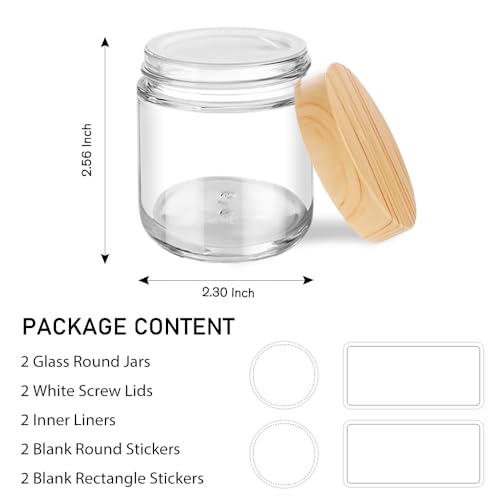 Small Glass Jars with Lids, 4 oz Glass Jars with Plastic Woodgrain Lids & Inner Liners, Reusable Travel Cosmetic Containers for Creams, Makeup, Lotion, Spice- 2 pack - color: Clear-2 Pack-4oz