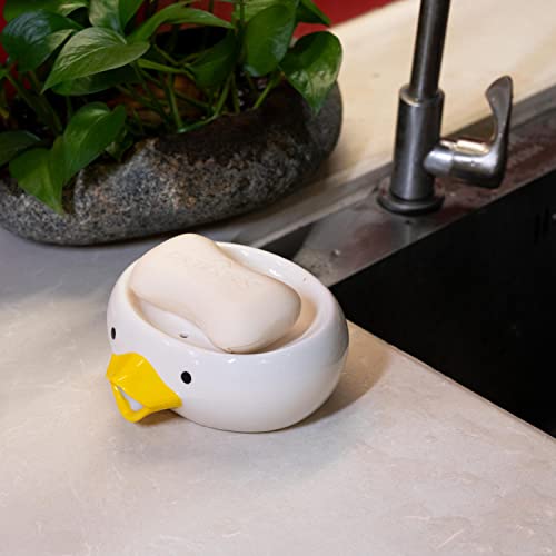 Soap Holder Ceramic Soap Dish with Drain Perforations, Cute Duck Styling Bar Soap Holder for Shower, Easy Cleaning Soap Saver Tray Decoration for Bathroom, Sinks, Kitchen (Duck.1)