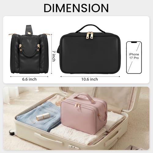 HauteHues Travel Makeup Bag Women's Large Capacity Cosmetic Portable Organizer Large Opening Waterproof Storage Toiletry Bags Vertical Free-Standing Brush Holder for Easy Access Black - color: Black