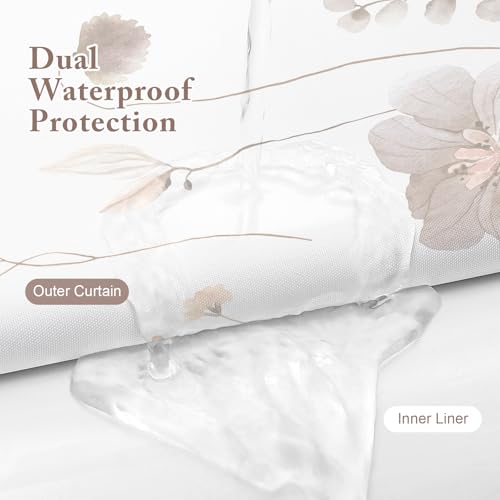 Gibelle 3 in 1 Shower Curtain Set, Brown Watercolor Floral Bath Curtain and PEVA Liner Set with 12 Double Sided Steel Hooks, Waterproof Fabric Bathroom Curtain 72x72 - color: Brown, size: 72"W x 72"L (Pack of 1)