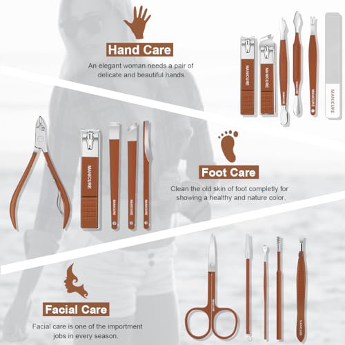 Manicure Set Professional Nail Clippers Pedicure Kit, 16 pcs Stainless Steel Nail Care Tools Grooming Kit with Luxurious Travel Leather Case for Thick Nails Men Women Gift (Brown) - color: Brown