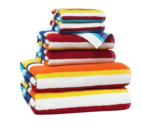 ORIGINAL KIDS 6 Piece Towel Set - 2 Bath Towels, 2 Hand Towels, 2 Washcloths - 100% Cotton - Soft Absorbent Quick Dry - Durable Pool Shower Beach - Gift - Cabana Stripe Multi - color: Cabana Stripe Multi, size: Set of 6 - Bath-Hand-Wash