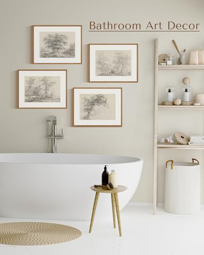InSimSea 4 pcs Framed Wall Art, Vintage Sketch Tree Canvas Prints, Bathroom Kitchen Beige White Decor, Neutral Toned, Rustic Nature Shelf Decor, Small Size,11x14in - color: neutral Sketch tree