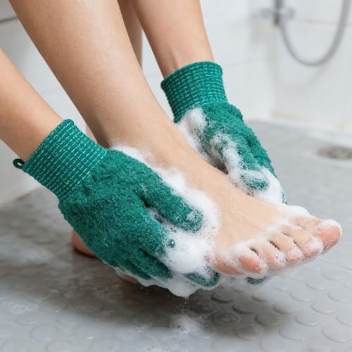 Exfoliating Bath Gloves 2 Pairs - Heavy Texture Body Scrub Gloves for Shower, Spa, Massage and Body Scrubs, Dead Skin Remover, Washing Gloves with Hanging Loop(Dark Green) - color: Green1