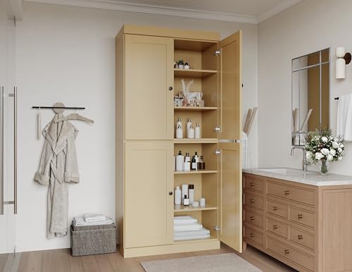 Palace Imports Solid Wood Tall Bathroom Pantry Cabinet with 4 Shaker Doors & Adjustable Shelves, Yellow - 100% Eco-Friendly, Renewable, Space-Saving Storage, 71.5" H x 32" W, Made in Brazil - color: Yellow