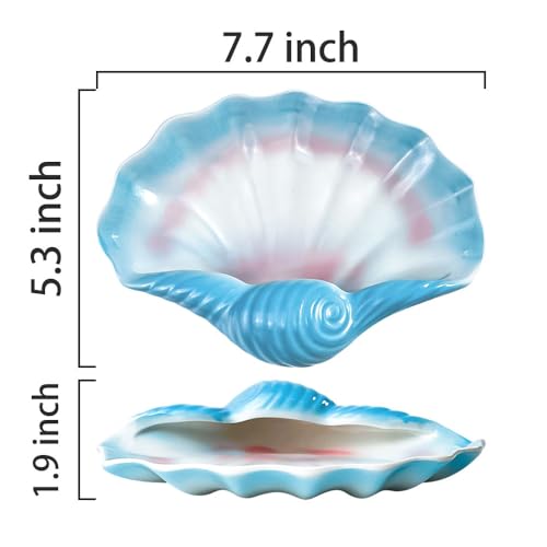 Ceramic Shell Soap Dish (7.7 x 5.3 in), Seashell Soap Holder Tray for Bathroom Shower Sink, Blue Shell Trinket Tray for Jewelry Rings Keys, Vanity Counter Organizer