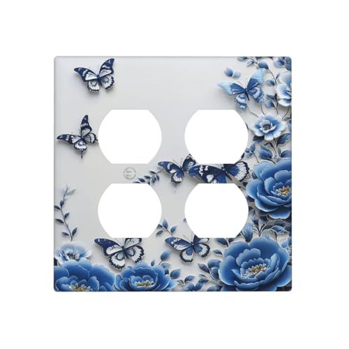 Light Switch Cover Plate Blue Peony Flowers Butterfly Vintage Floral 2 Gang Duplex Outlet Covers GFCI Decorative Switch PlatesWall Plates for Bathroom Bedroom Decor - color: Blue Peony Flowers Butterfly Vintage Floral, size: 2 Gang Duplex - 4.6 x 4.5 IN