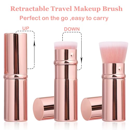 Retractable Makeup Brush 2 Pack, Travel Kabuki Face Makeup Brush | Powder Makeup Brushes for Blush, Liquid, Cream, Cosmetics, Loose Powder, Bronzer, with Aluminum Handle, Cover - color: Rose Gold